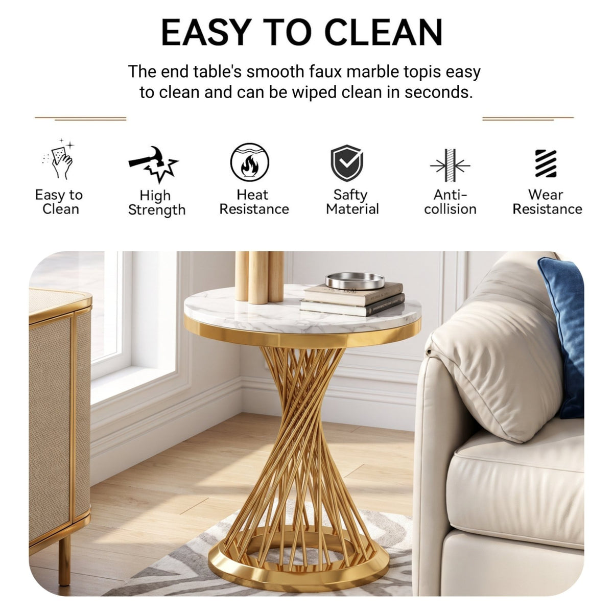 Faux Marble Coffee Table Set, Modern Coffee Table Side Table with Hourglass‑Shaped Metal Base, Luxury Center Table for Living Room Office