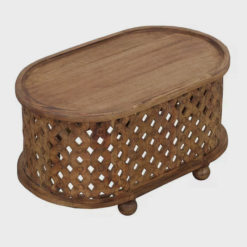 Angled studio view of an oval coffee table with a raised rim and cutout sides