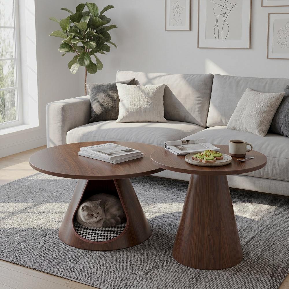 Walnut-Look Nesting Tables with Cat Hideaway, Set of 2