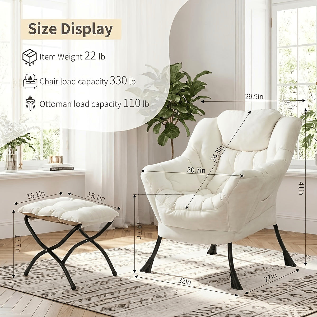 Beige cushioned lounge chair and matching footstool with a black metal frame