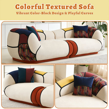 Feature collage showing the curved sofa’s contrasting color panels, dark piping and accent pillows.