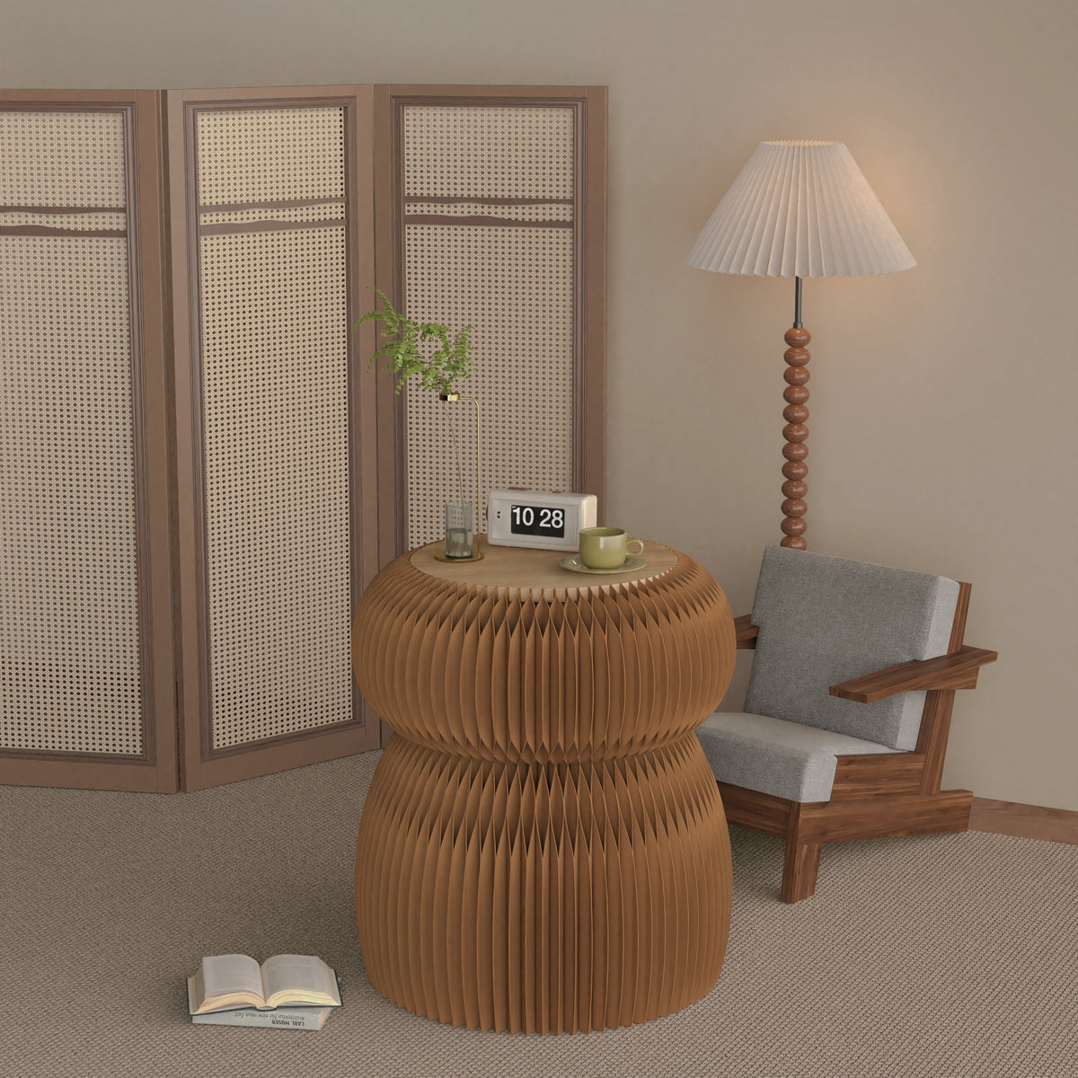 Brown folding kraft-paper side table beside an armchair