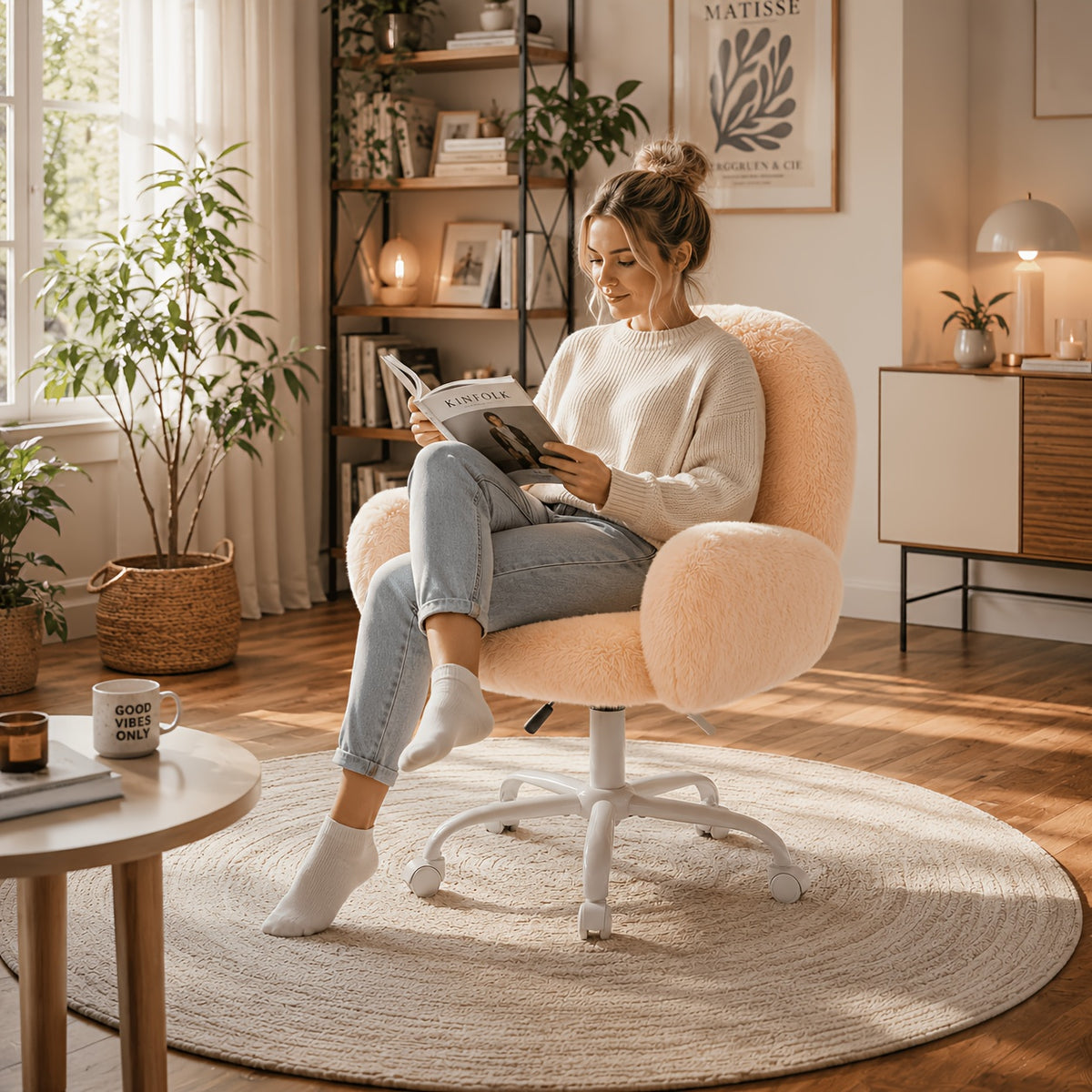 Person reading in a cream plush swivel chair with a white wheeled base