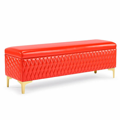 Red rectangular quilted reception bench with gold-tone legs