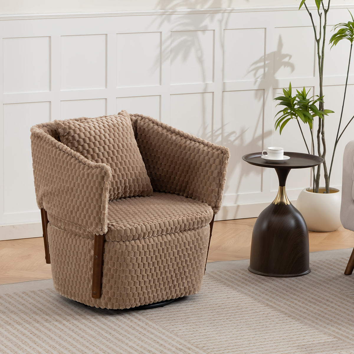 Textured Swivel Accent Chair with Storage — khaki textured chair in a room