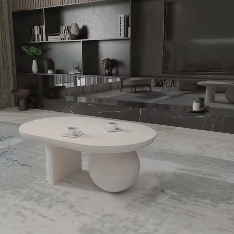 Washed-white oblong coffee table with a ball support and slab leg