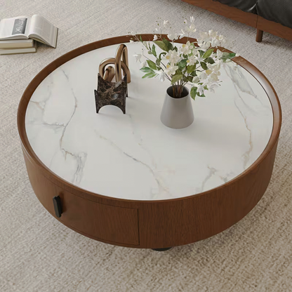 Overhead view of the round marble-look top and walnut-look rim