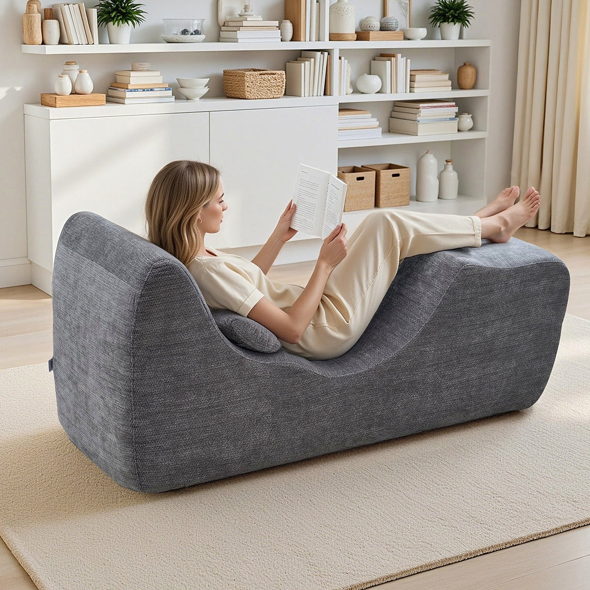 Gray fabric foam yoga chaise with a lumbar pillow