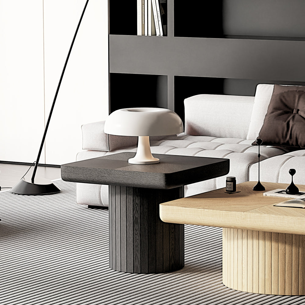 23.6-Inch Contemporary Square Side Table Featuring Solid Wood Veneer And a Parquet Design, a Minimalist Accent Table with a Grooved Cylindrical Base Suitable for The Living Room Or Bedroom in a Matte Black End