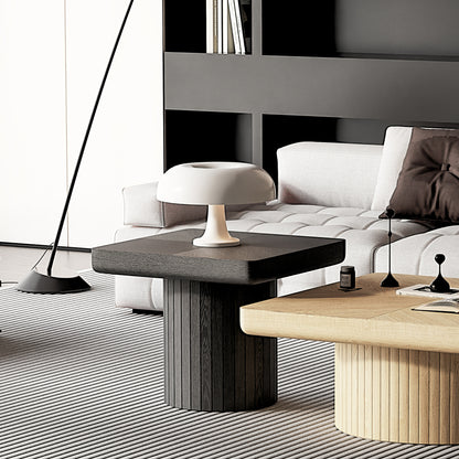 23.6-Inch Contemporary Square Side Table Featuring Solid Wood Veneer And a Parquet Design, a Minimalist Accent Table with a Grooved Cylindrical Base Suitable for The Living Room Or Bedroom in a Matte Black End