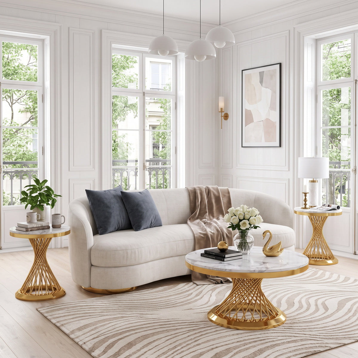 Faux Marble Coffee Table Set, Modern Coffee Table Side Table with Hourglass‑Shaped Metal Base, Luxury Center Table for Living Room Office