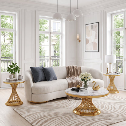 Faux Marble Coffee Table Set, Modern Coffee Table Side Table with Hourglass‑Shaped Metal Base, Luxury Center Table for Living Room Office