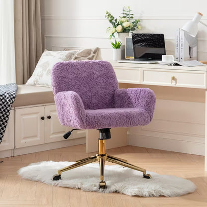 Purple faux alpaca swivel chair viewed from the front at a desk