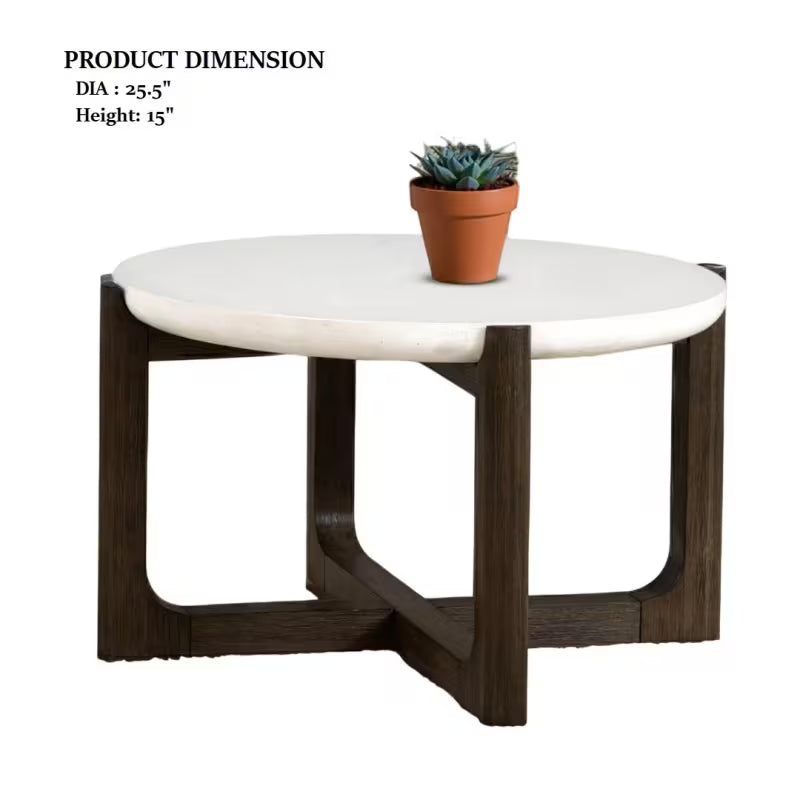 Dimension graphic of round white-topped coffee table with a dark crossed trestle base