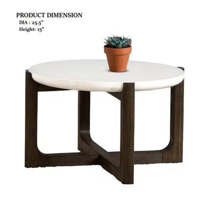 Dimension graphic of round white-topped coffee table with a dark crossed trestle base