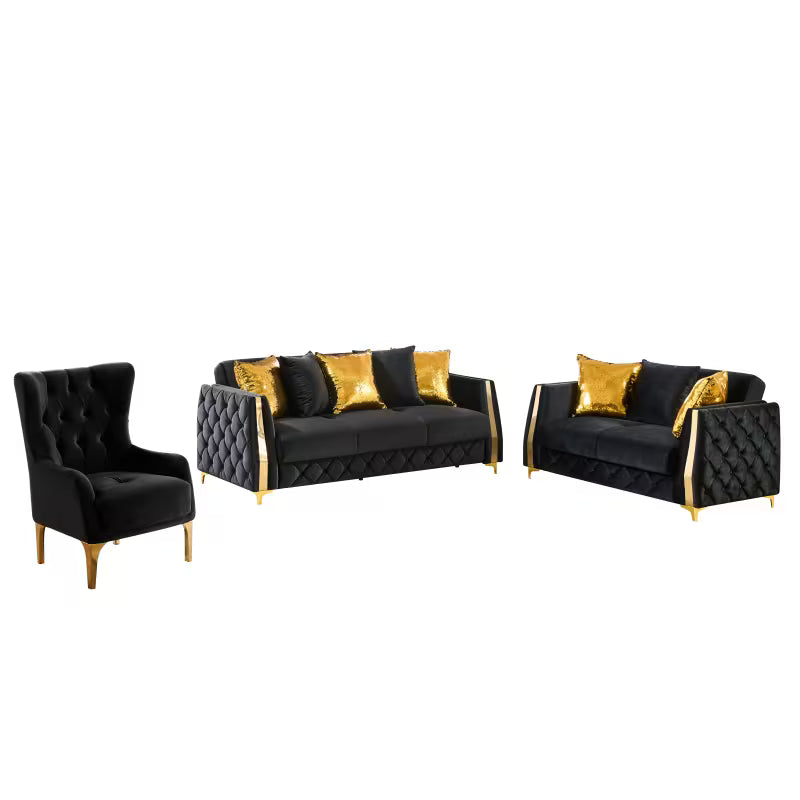 Lippa Black Three-Piece Sofa Set — sofa, loveseat and chair product views.