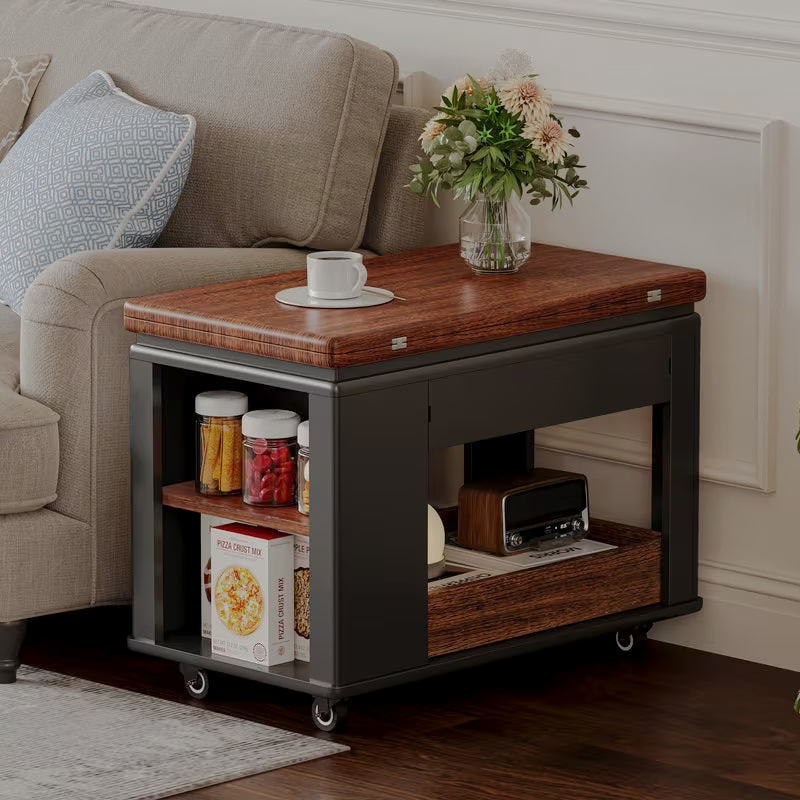 Black-and-walnut-look storage table with top folded