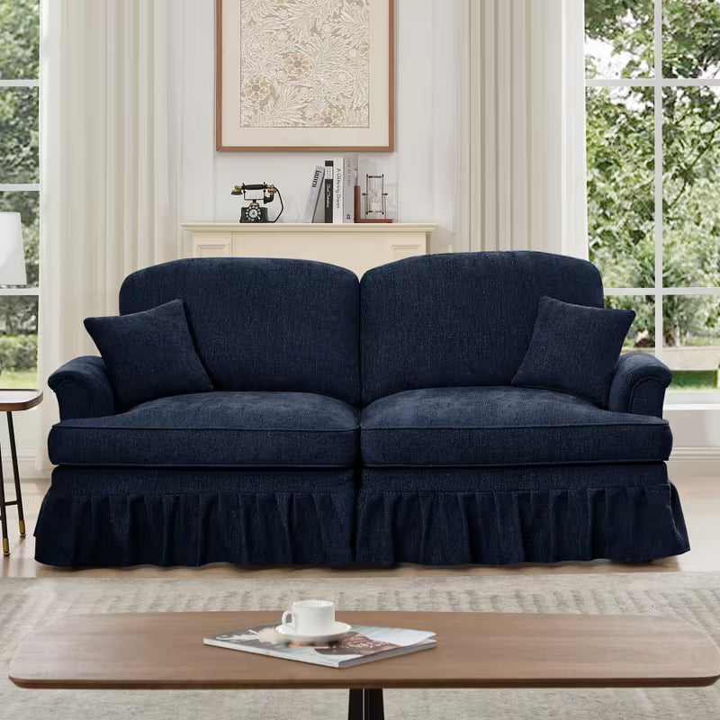 Navy Chenille Loveseat with Ruffled Skirt — front view with ruffled skirt.