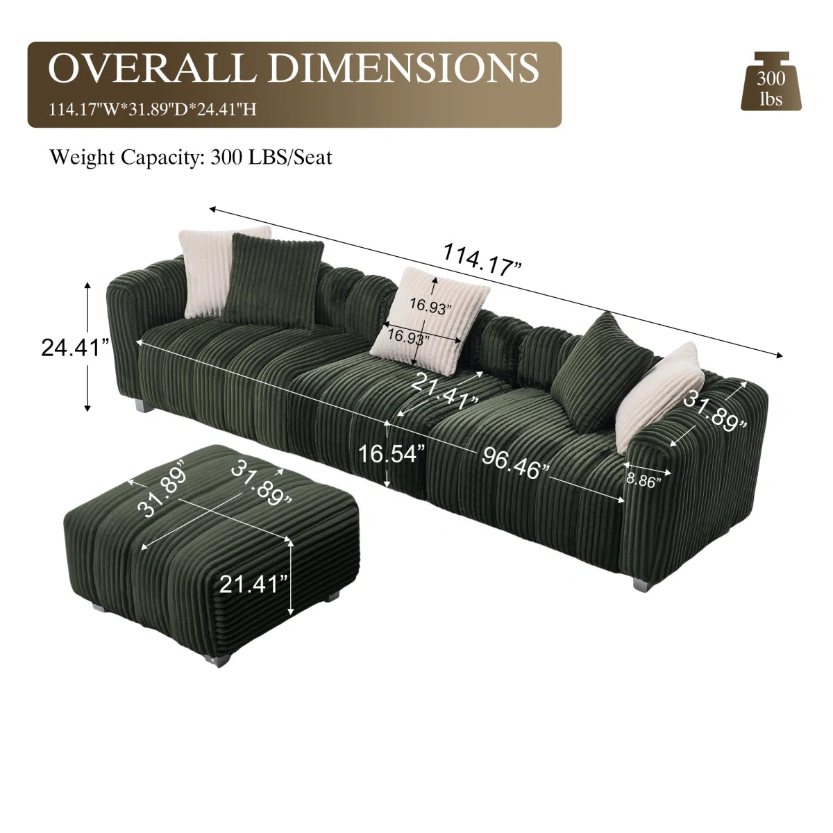 Dimension diagram of a green sectional sofa and matching footrest