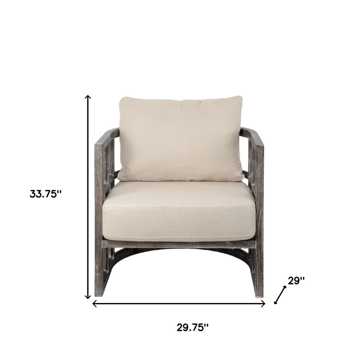 Cream demi-lune accent chair dimension diagram: 29.75 inches wide, 29 inches deep and 33.75 inches high.