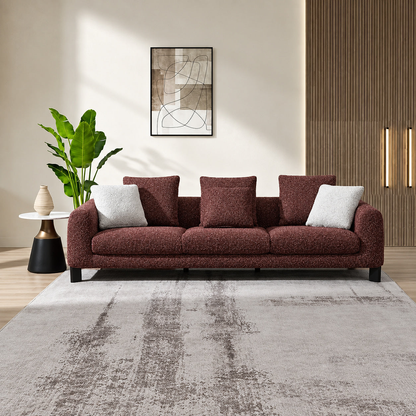 Mardi Maroon Tweed Sofa with three seat cushions in a neutral living room