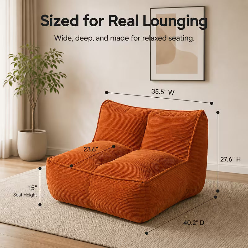 Orange floor-sofa dimension diagram showing 35.5-inch width and 27.6-inch height