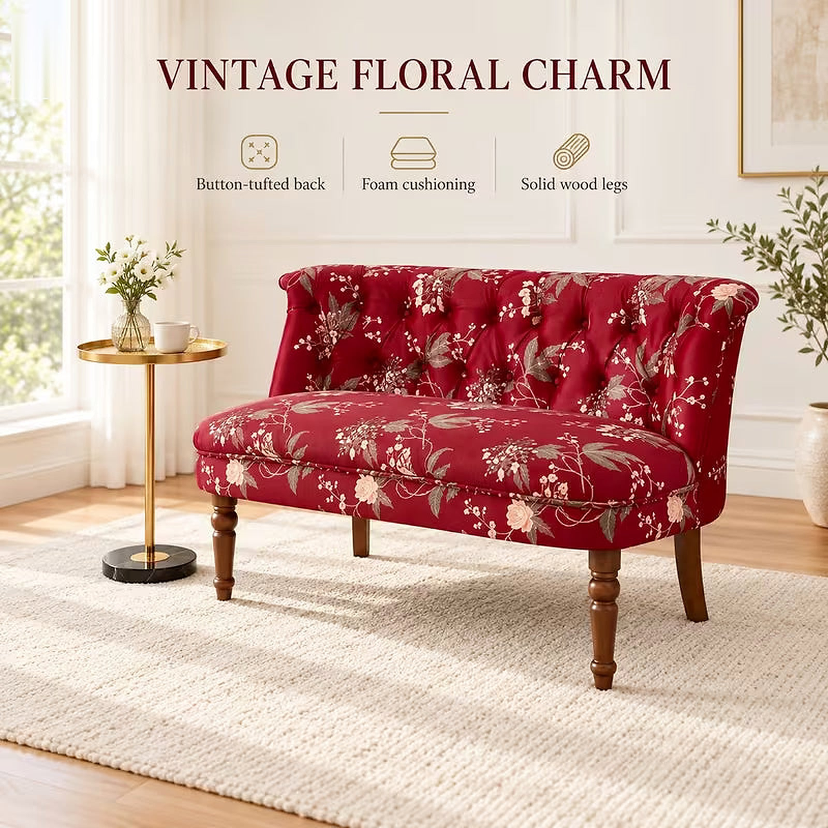 Rosalie Wine-Red Floral Settee and Marble Side Table Set
