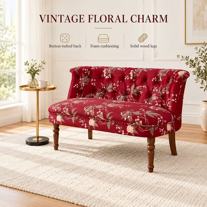 Rosalie Wine-Red Floral Settee and Marble Side Table Set
