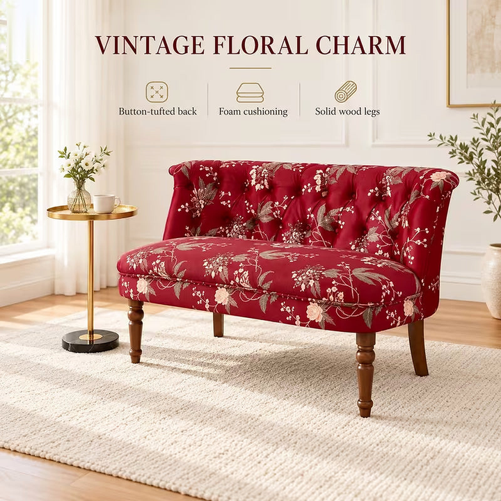 Rosalie Wine-Red Floral Settee and Marble Side Table Set
