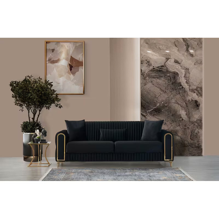 Melody Black Velvet 3-Piece Living Room Set