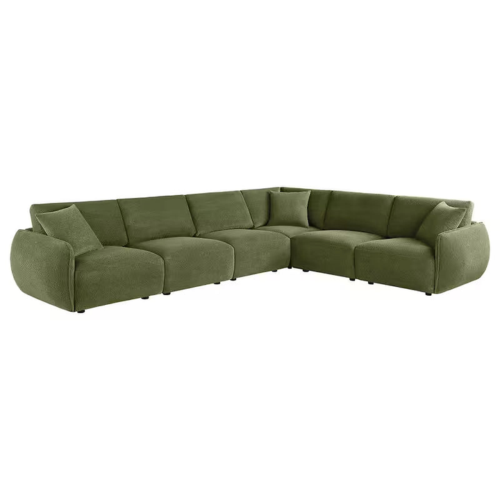 Green Logan modular sectional shown in an L-shaped arrangement with rounded arms.