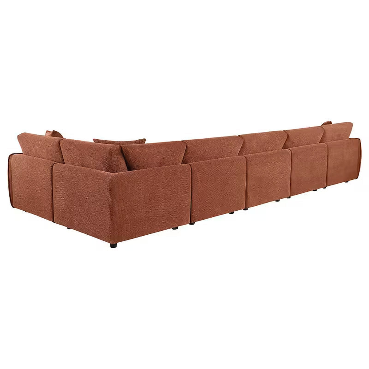 Rear view of the coral Logan modular sectional showing the individual upholstered modules.
