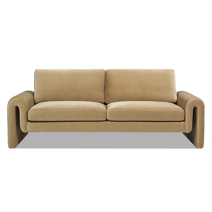 Front view of the beige Mason velvet sofa showing its open arched arms.