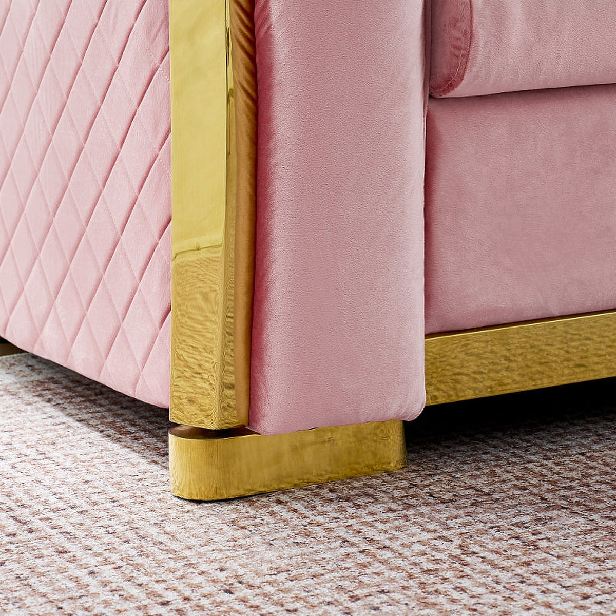 Pink velvet Chesterfield sectional - gold-tone base trim