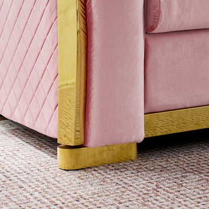 Pink velvet Chesterfield sectional - gold-tone base trim