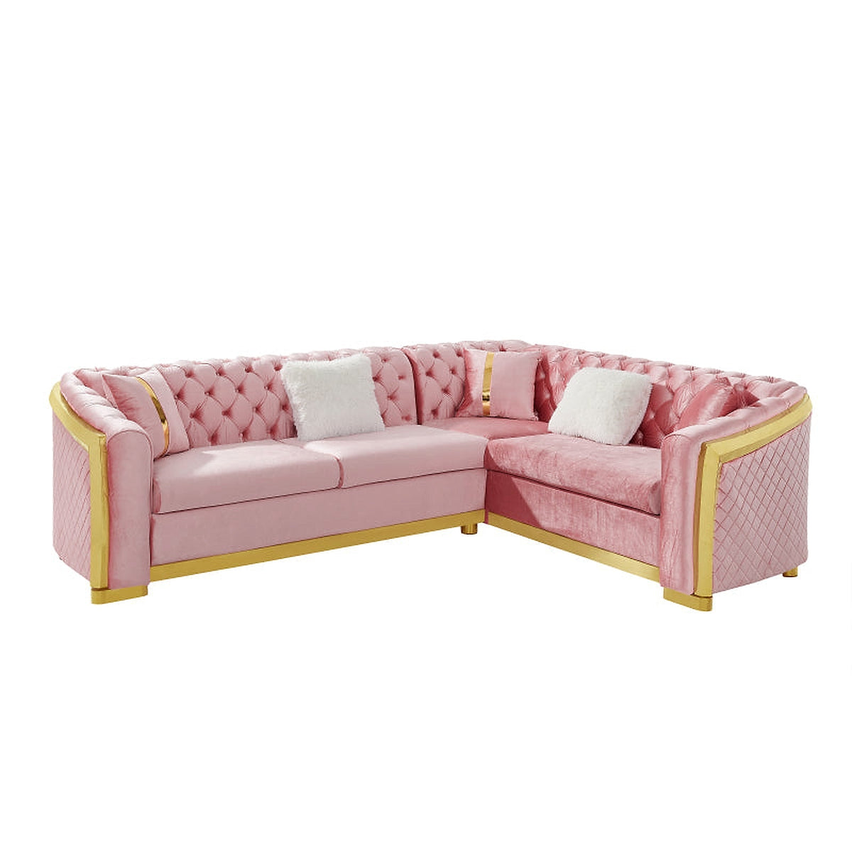 Pink velvet Chesterfield sectional - front view
