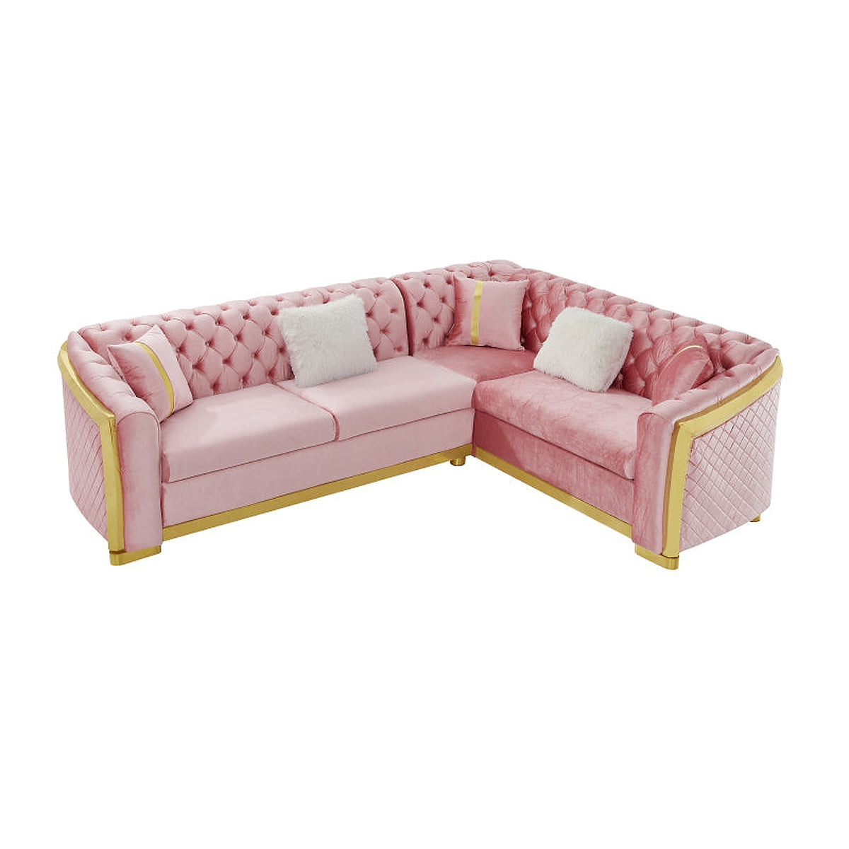 Pink velvet Chesterfield sectional - angled view