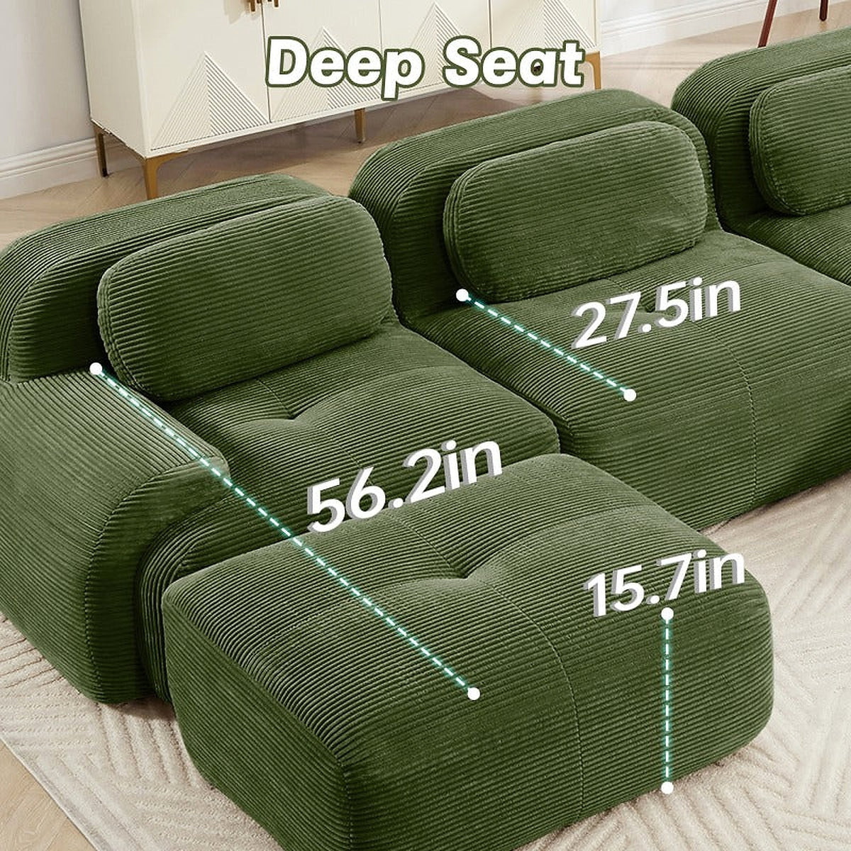 Olive green corduroy modular sofa - seat dimensions
