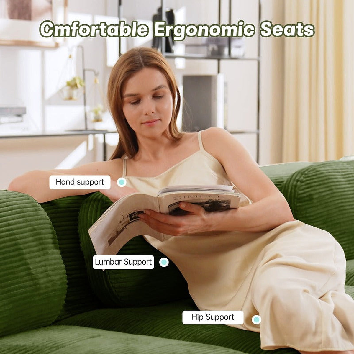Olive green corduroy modular sofa - seating view