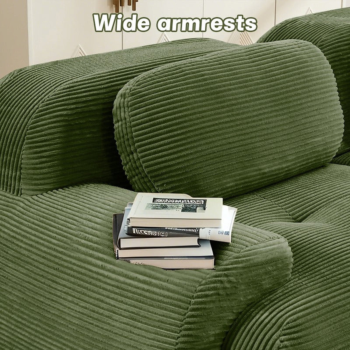Olive green corduroy modular sofa - wide armrest