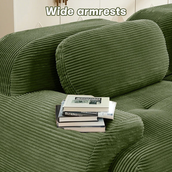Olive green corduroy modular sofa - wide armrest