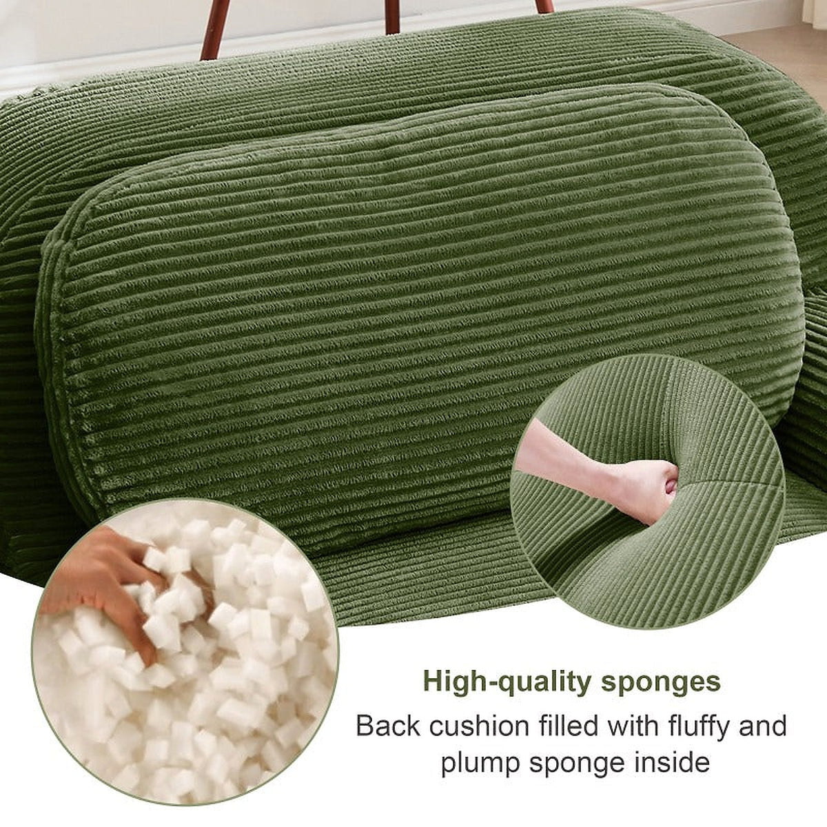 Olive green corduroy modular sofa - back cushion detail