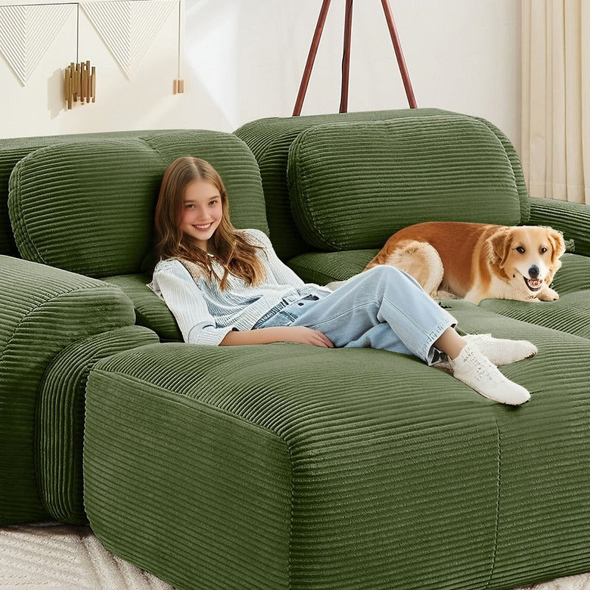 Olive green corduroy modular sofa - lounge view