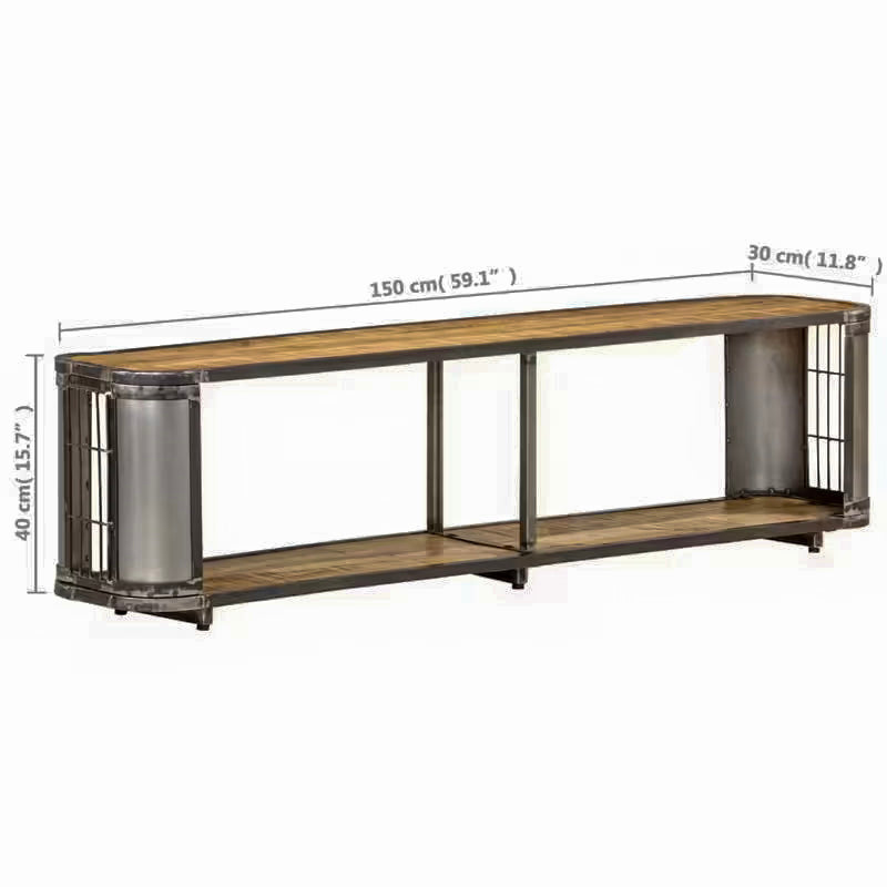 Measurement diagram of the wider wood and metal TV stand with a central support.