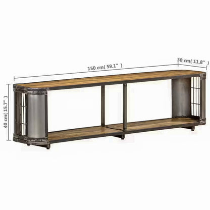 Measurement diagram of the wider wood and metal TV stand with a central support.