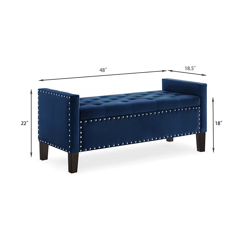 Dimension diagram of the navy tufted storage bench