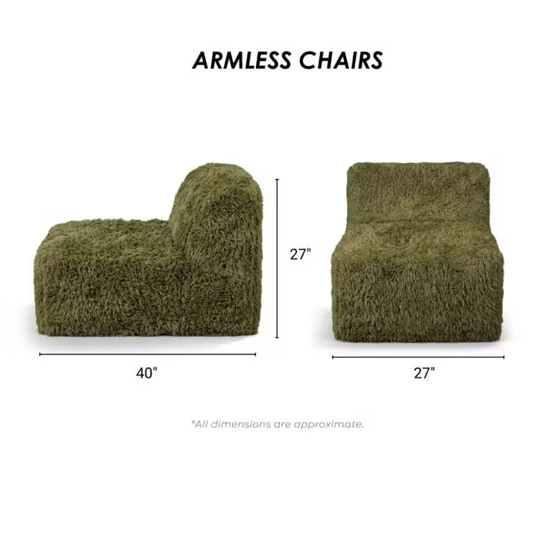 Olive Plush Modular Sofa — supplier armless-module dimension diagram.