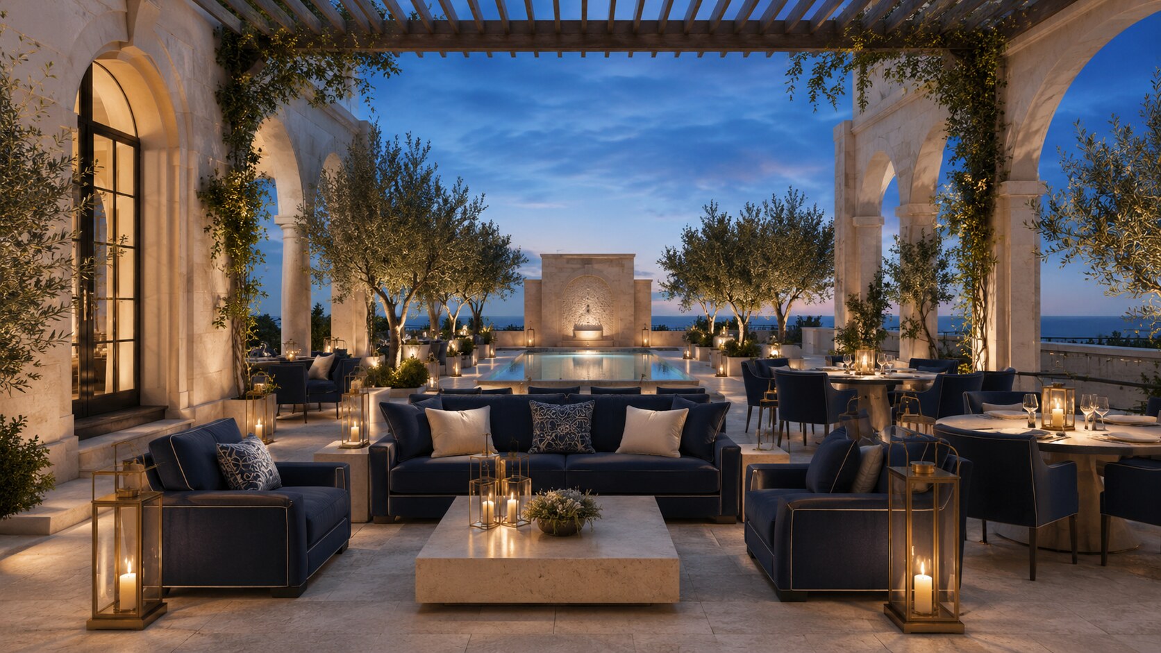 Luxury limestone hospitality terrace with navy seating and warm brass lanterns