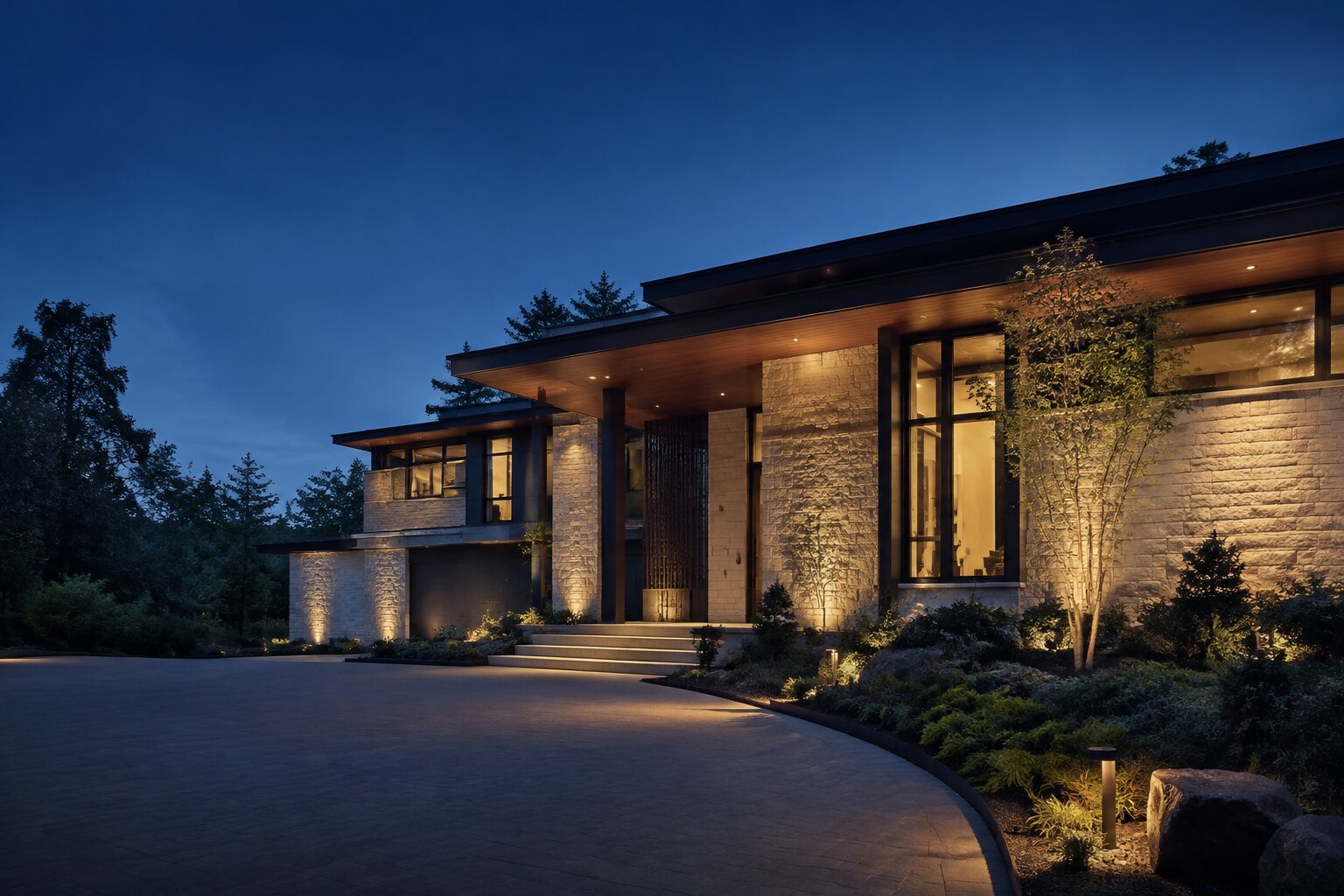 Refined contemporary home exterior at dusk